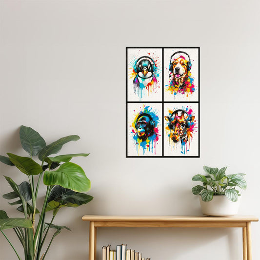 Colorful Animals in Headphones Poster | Penguin Dog Monkey Giraffe Collage Wall Art for DJ Decor