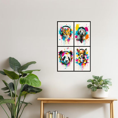 Colorful Animals in Headphones Poster | Cat Seal Panda Puppy Collage Wall Print for Bedroom