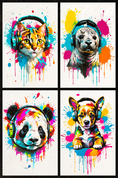 Colorful Animals in Headphones Poster | Cat Seal Panda Puppy Collage Wall Print for Bedroom