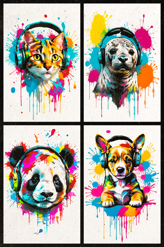 Colorful Animals in Headphones Poster | Cat Seal Panda Puppy Collage Wall Print for Bedroom