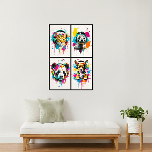Colorful Animals in Headphones Poster | Cat Seal Panda Puppy Collage Wall Print for Bedroom