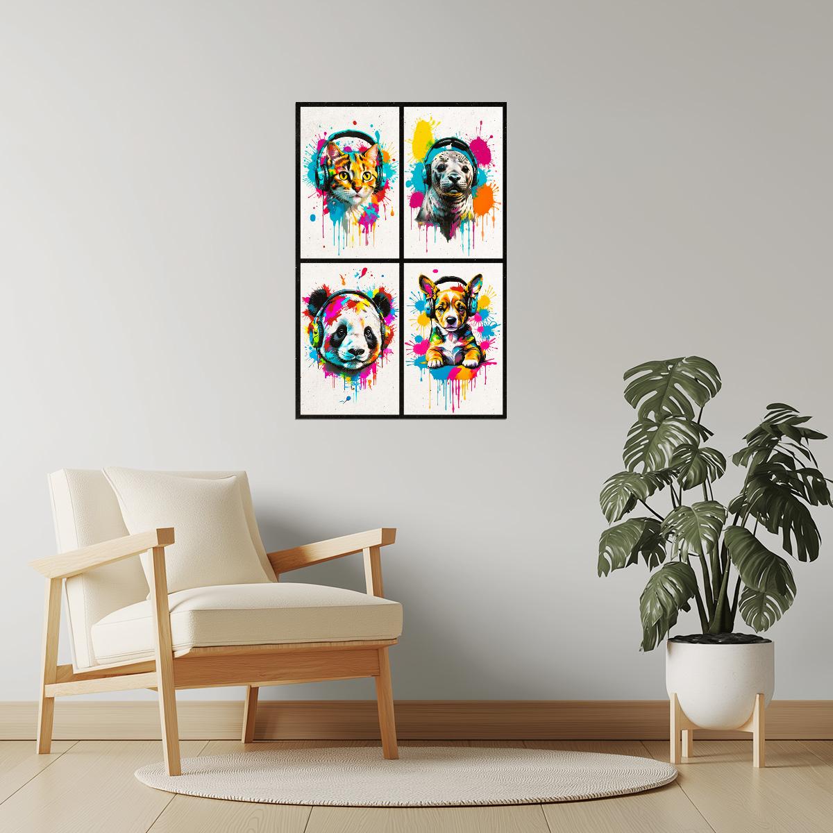 Colorful Animals in Headphones Poster | Cat Seal Panda Puppy Collage Wall Print for Bedroom