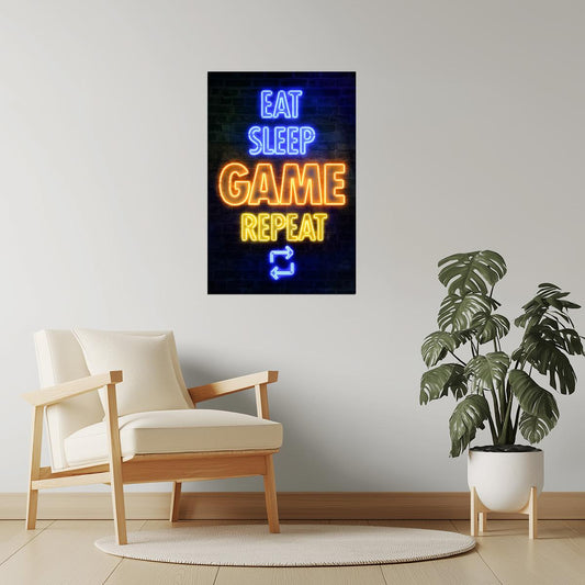 Eat Sleep Game Repeat | Neon Gaming Wall Art Poster