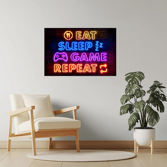 Eat Sleep Game Repeat Controller | Neon Gaming Wall Art Poster