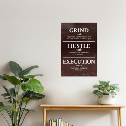 Grind Hustle Execution | Brown Minimalist Motivational Wall Art Poster