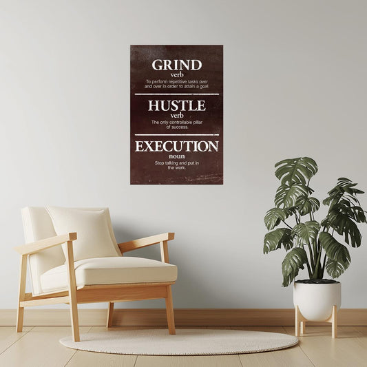 Grind Hustle Execution | Brown Minimalist Motivational Wall Art Poster