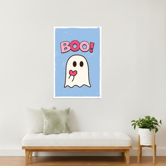Boo! | Cute Heart Ghost Blue and Pink Halloween Print Poster