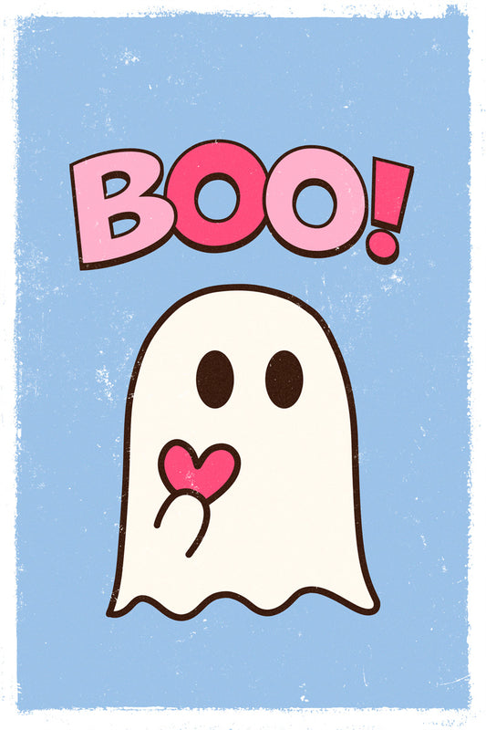 Boo! | Cute Heart Ghost Blue and Pink Halloween Print Poster