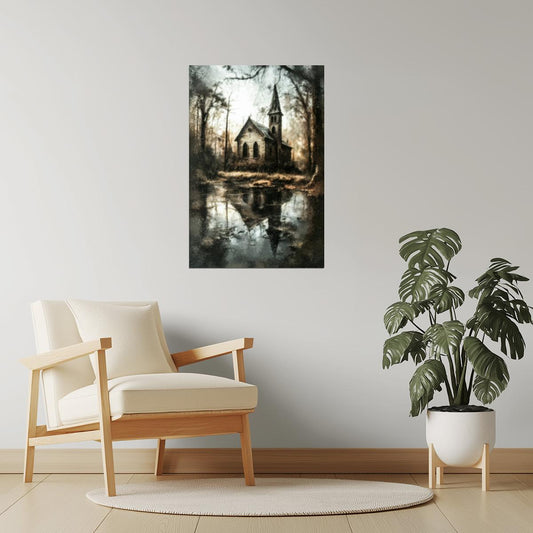 Abandoned Church by the Lake | Gothic Halloween Wall Art Print Poster
