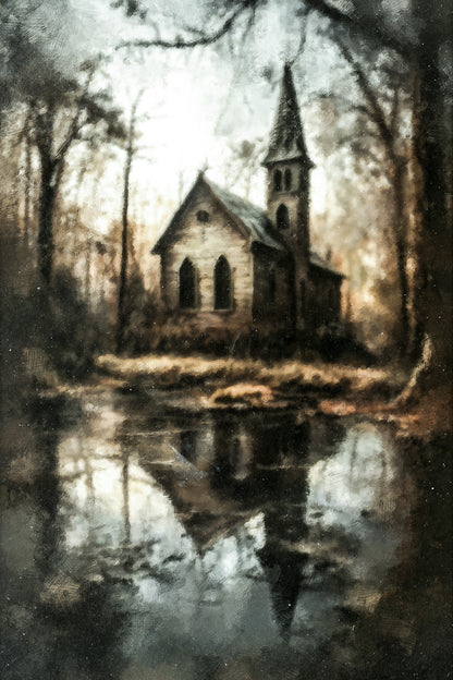 Abandoned Church by the Lake | Gothic Halloween Wall Art Print Poster