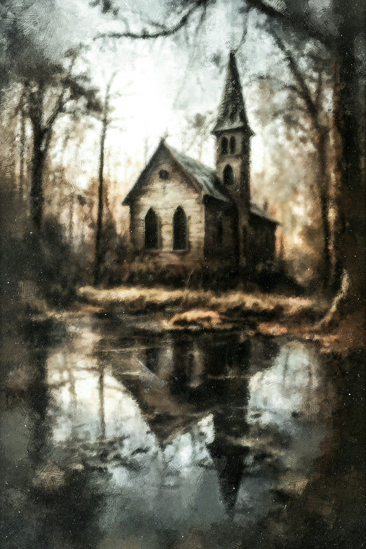 Abandoned Church by the Lake | Gothic Halloween Wall Art Print Poster