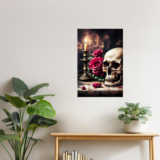 Skull and Roses with Candle | Dark Academia Halloween Wall Art Print Poster