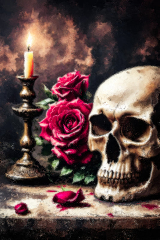 Skull and Roses with Candle | Dark Academia Halloween Wall Art Print Poster
