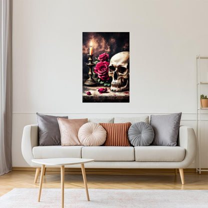 Skull and Roses with Candle | Dark Academia Halloween Wall Art Print Poster