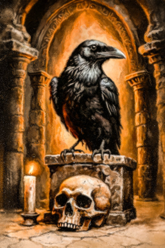 Crow and Skull in Crypt | Dark Academia Gothic Halloween Artwork Poster