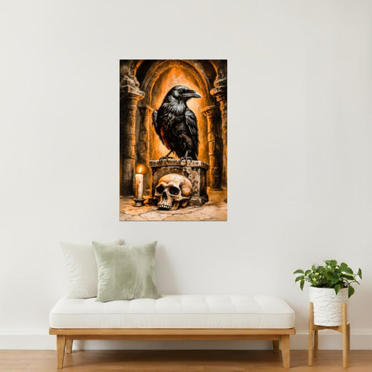 Crow and Skull in Crypt | Dark Academia Gothic Halloween Artwork Poster
