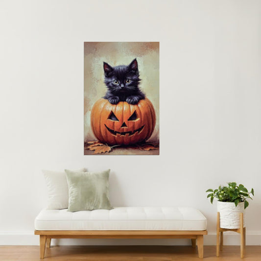 Black Cat in Pumpkin | Cute Halloween Wall Art Print Poster