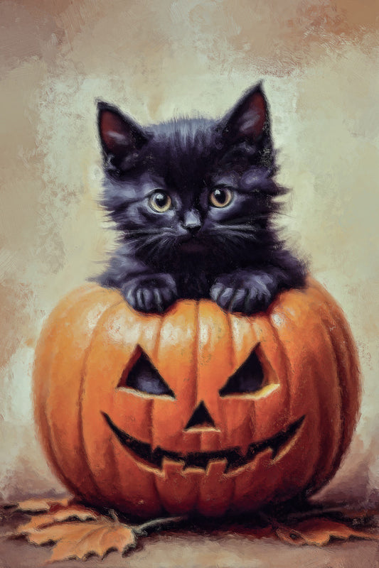 Black Cat in Pumpkin | Cute Halloween Wall Art Print Poster