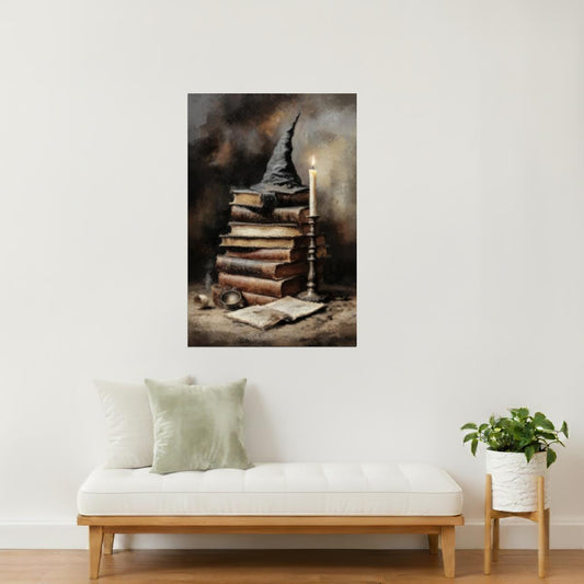 Books and Candle with Witch Hat | Dark Academia Halloween Artwork Poster