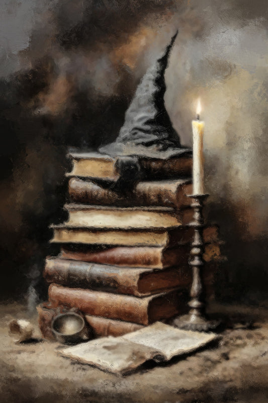 Books and Candle with Witch Hat | Dark Academia Halloween Artwork Poster