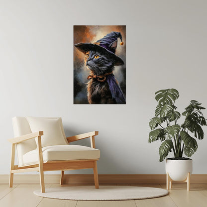 Black Cat in Witch Hat | Cute Witchy Halloween Wall Art Print Poster