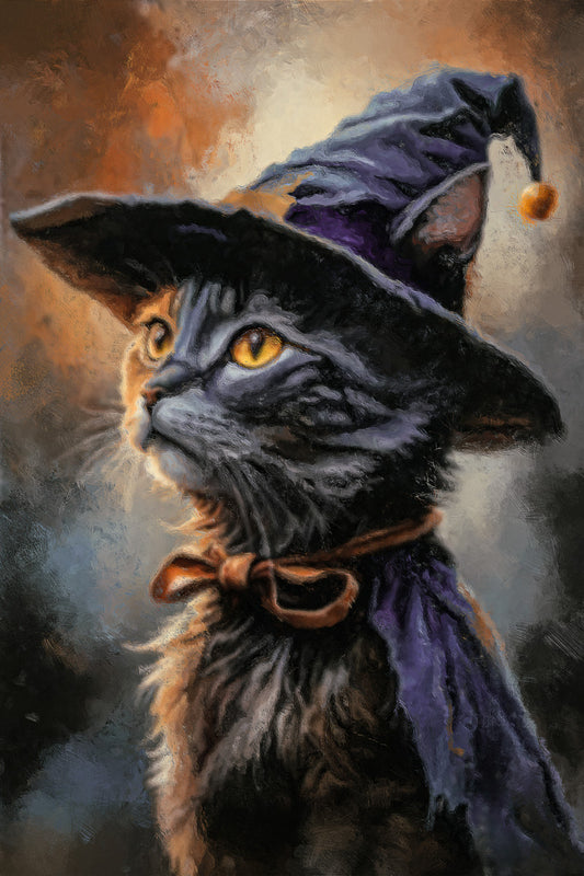 Black Cat in Witch Hat | Cute Witchy Halloween Wall Art Print Poster