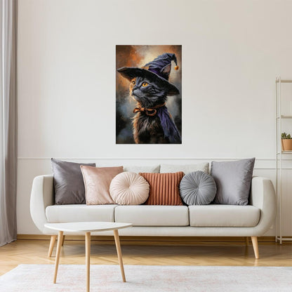 Black Cat in Witch Hat | Cute Witchy Halloween Wall Art Print Poster
