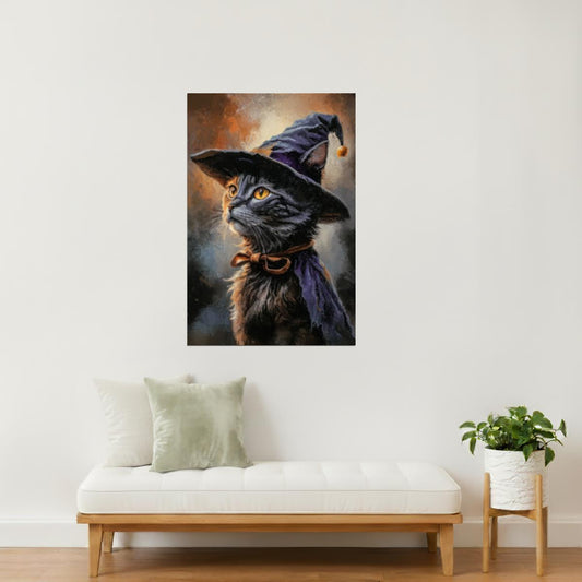 Black Cat in Witch Hat | Cute Witchy Halloween Wall Art Print Poster