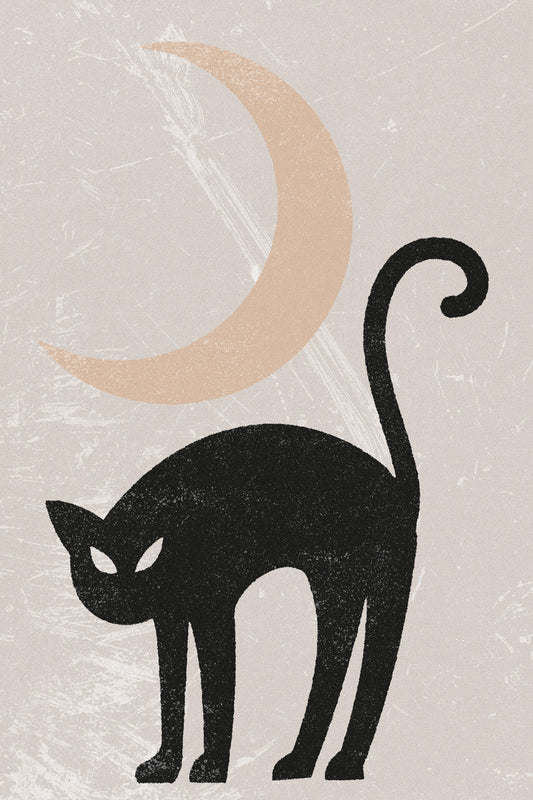Black Cat Under Moon | Boho Minimalist Witchy Halloween Wall Art Poster