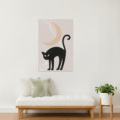 Black Cat Under Moon | Boho Minimalist Witchy Halloween Wall Art Poster