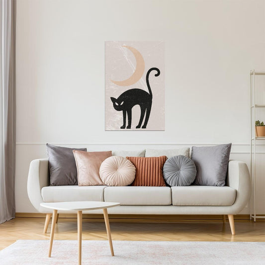 Black Cat Under Moon | Boho Minimalist Witchy Halloween Wall Art Poster