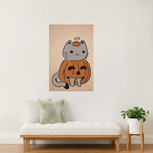 Cat in Pumpkin Costume | Boho Minimalist Cute Halloween Wall Art Poster