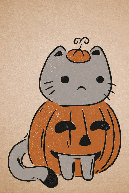 Cat in Pumpkin Costume | Boho Minimalist Cute Halloween Wall Art Poster