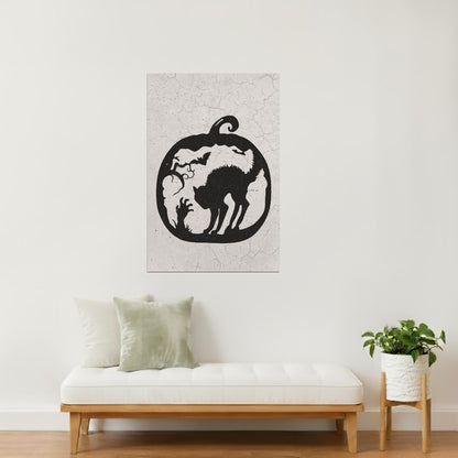 Black Cat in Pumpkin | Boho Minimalist Halloween Wall Art Poster