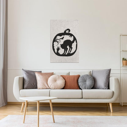 Black Cat in Pumpkin | Boho Minimalist Halloween Wall Art Poster