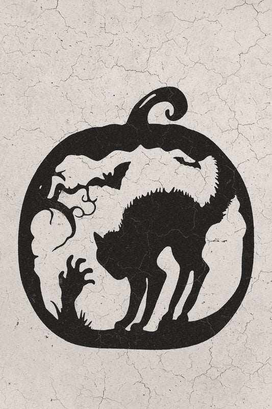 Black Cat in Pumpkin | Boho Minimalist Halloween Wall Art Poster