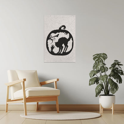 Black Cat in Pumpkin | Boho Minimalist Halloween Wall Art Poster