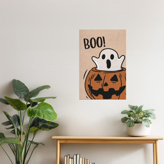Boo Ghost in Pumpkin | Boho Minimalist Cute Halloween Wall Art Poster