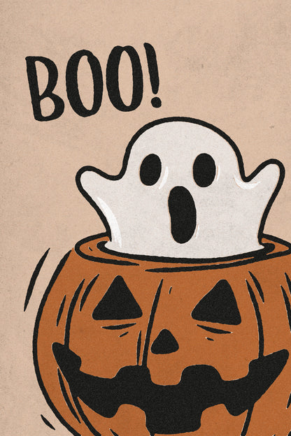 Boo Ghost in Pumpkin | Boho Minimalist Cute Halloween Wall Art Poster