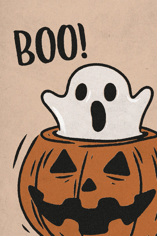 Boo Ghost in Pumpkin | Boho Minimalist Cute Halloween Wall Art Poster