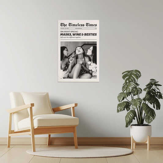 Masks, Wine & Besties | Girls Night Newspaper Wall Art Poster