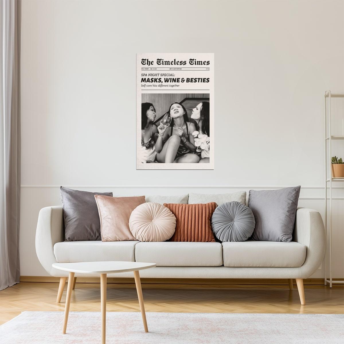 Masks, Wine & Besties | Girls Night Newspaper Wall Art Poster