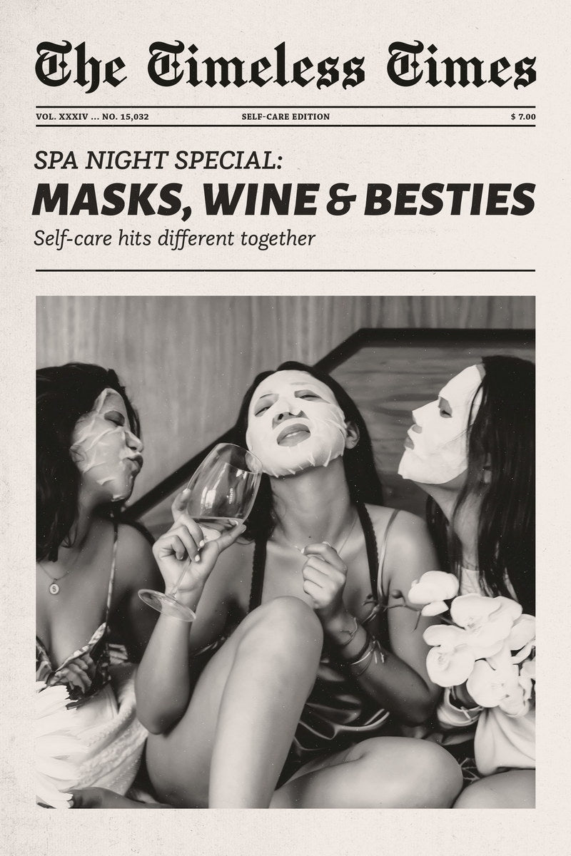 Masks, Wine & Besties | Girls Night Newspaper Wall Art Poster