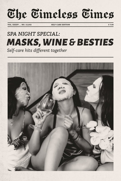Masks, Wine & Besties | Girls Night Newspaper Wall Art Poster
