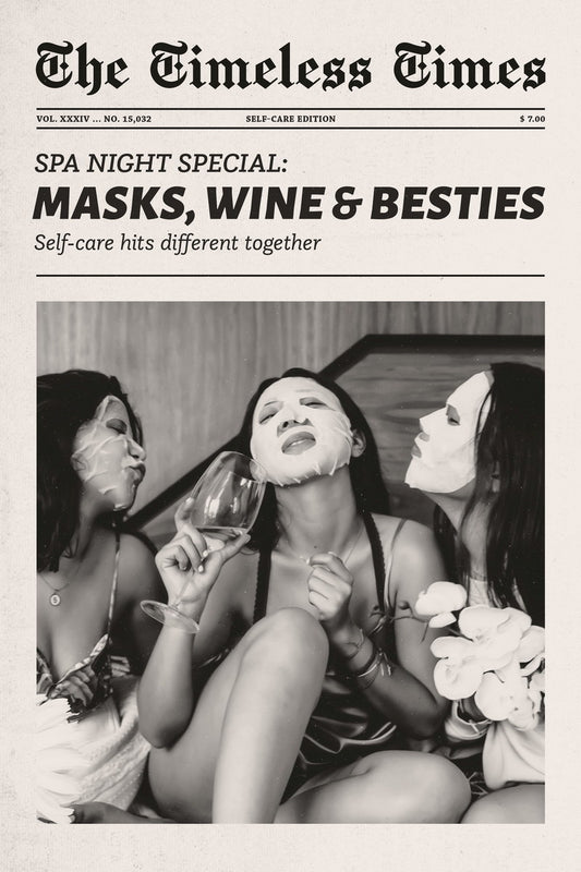 Masks, Wine & Besties | Girls Night Newspaper Wall Art Poster