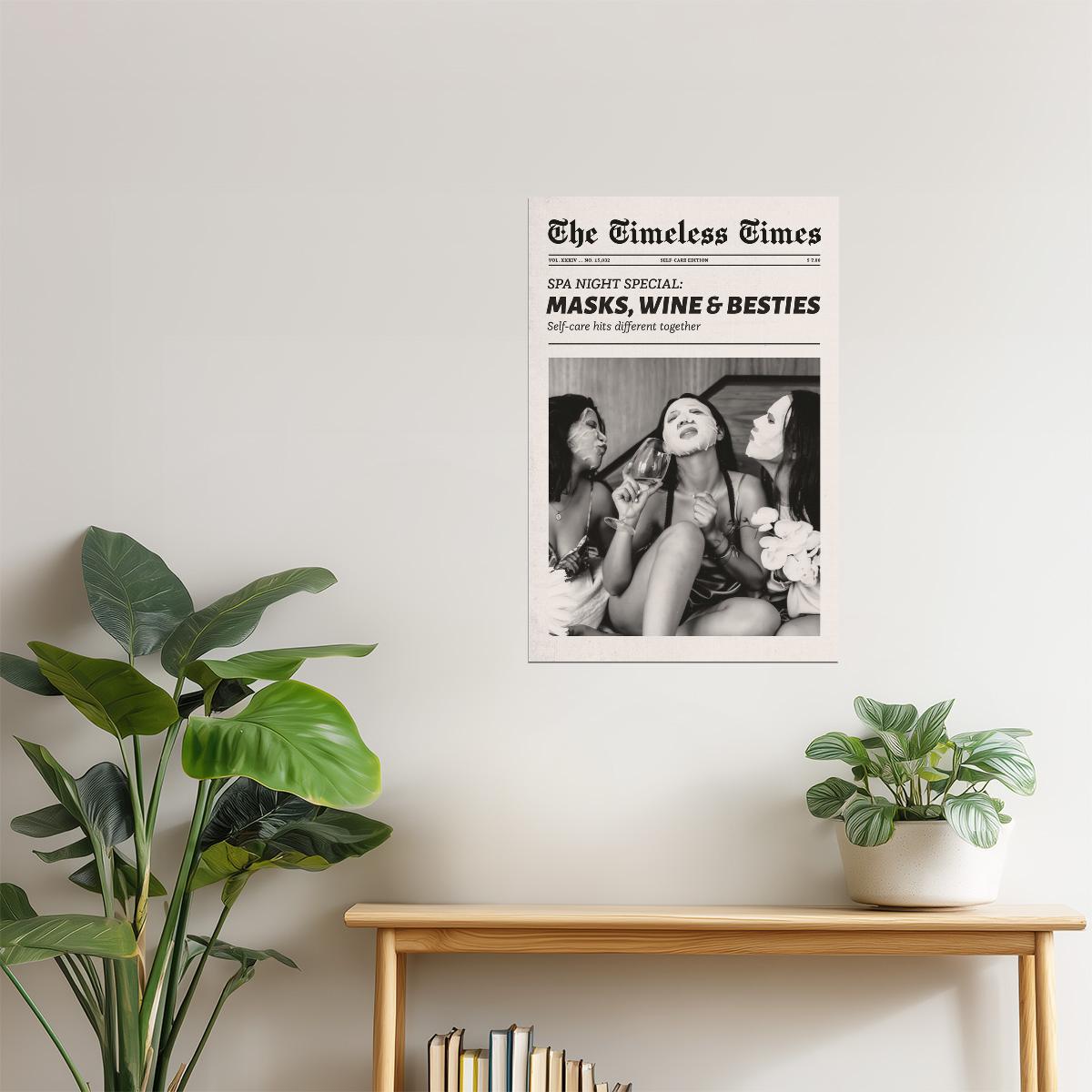 Masks, Wine & Besties | Girls Night Newspaper Wall Art Poster