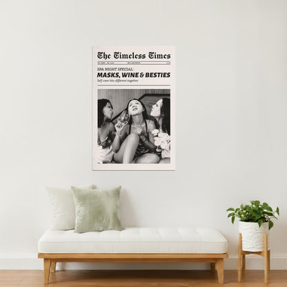 Masks, Wine & Besties | Girls Night Newspaper Wall Art Poster