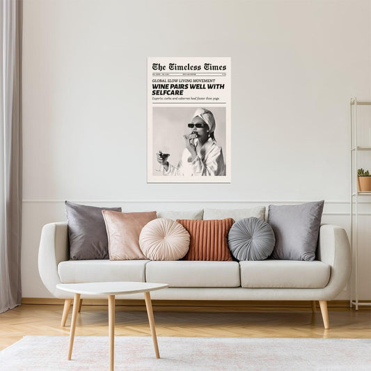Wine Pairs Well with Self Care | Retro Newspaper Wall Art Poster