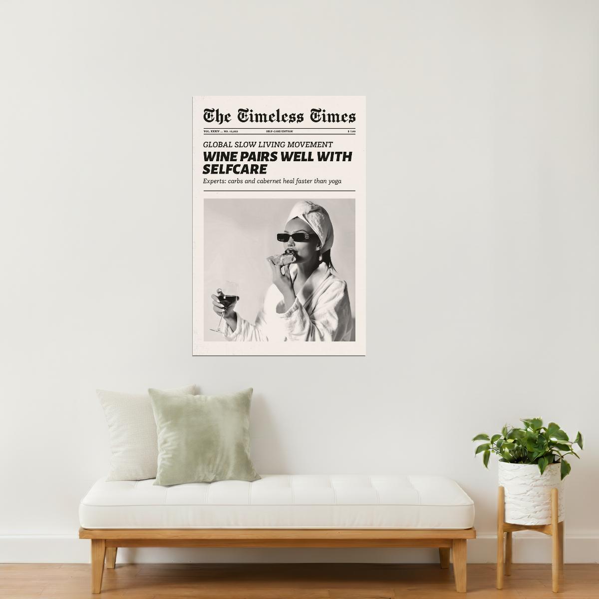 Wine Pairs Well with Self Care | Retro Newspaper Wall Art Poster