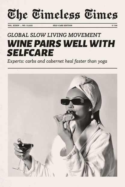 Wine Pairs Well with Self Care | Retro Newspaper Wall Art Poster